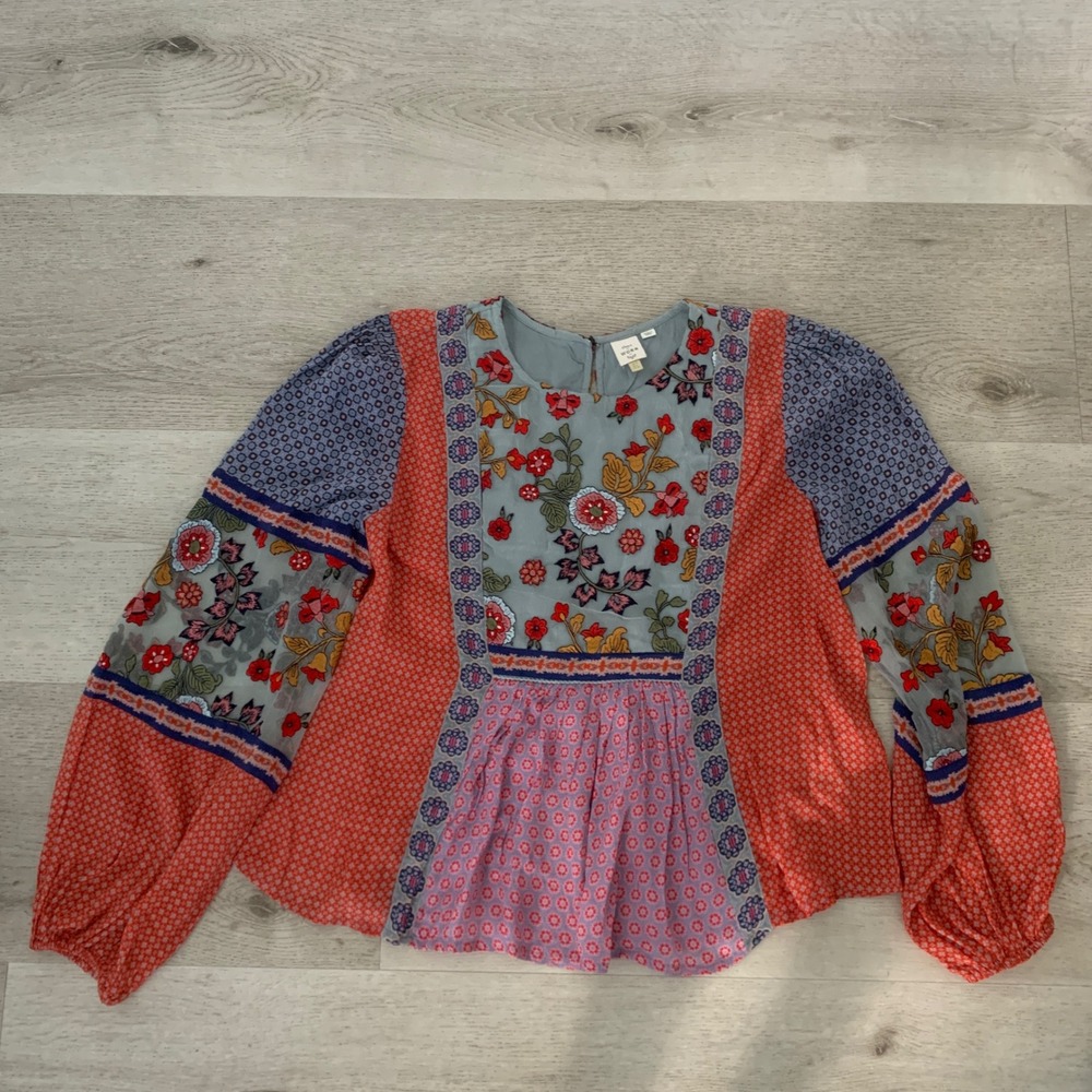 Seen Worn Kept Anthropologie Mixed Print Embroidered Silk Blouse Red Blue 6